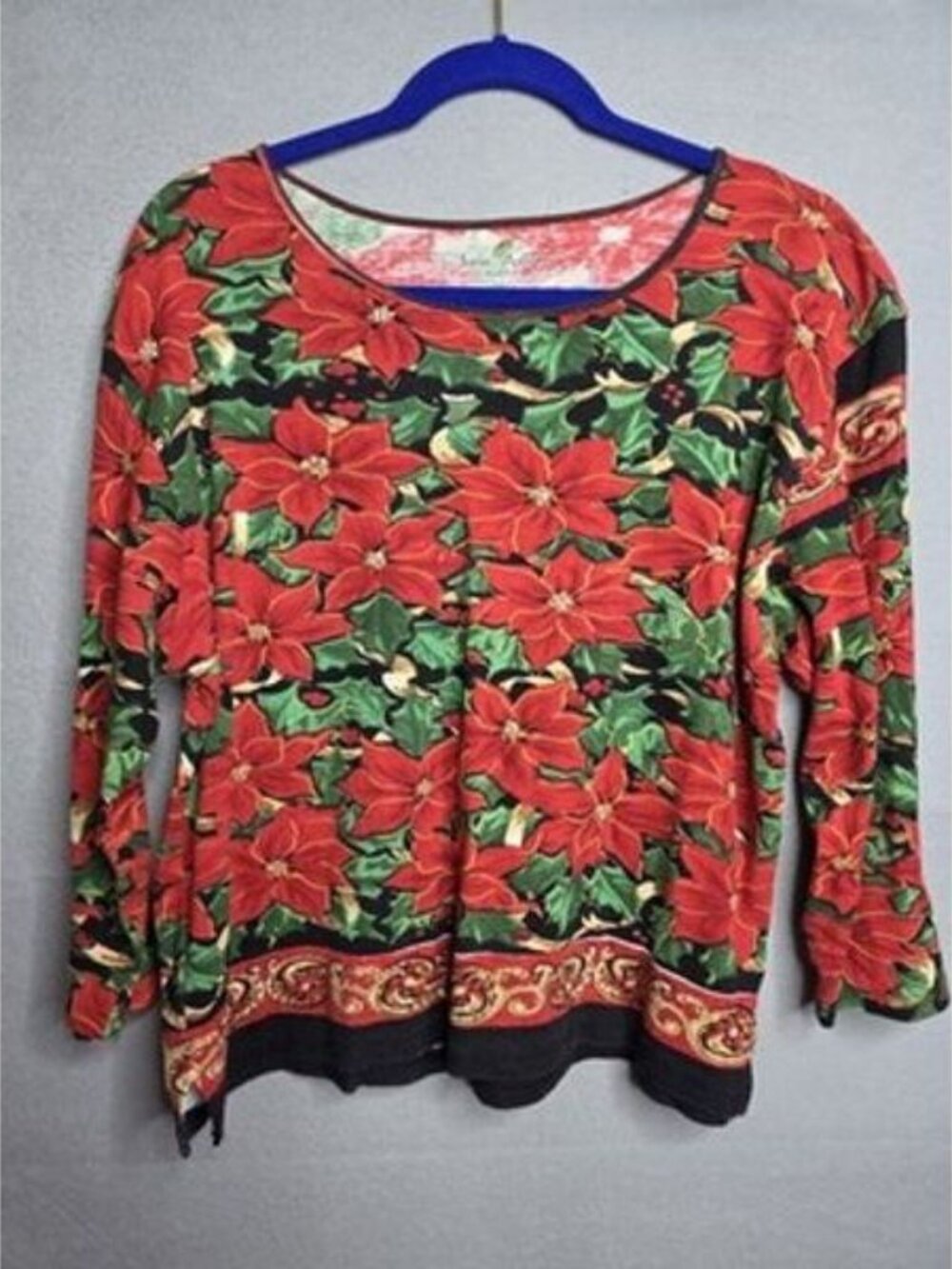 Jane Ashley Womens Shirt Red Christmas Poinsettia Holiday Studded Sz XL Cotton